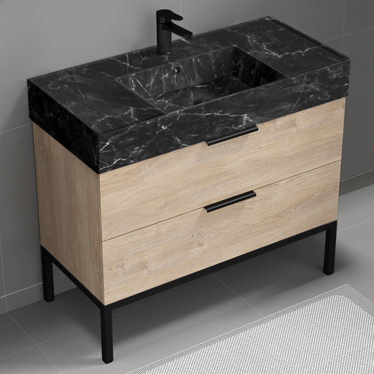 Nameeks DERIN894 Modern Bathroom Vanity With Black Marble Design Sink, Floor Standing, 40 Inch, Brown Oak